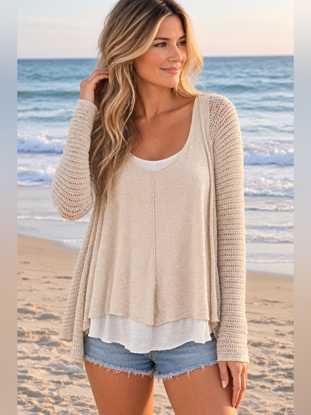 Free People UO Beige Layered Gauze Knit Long Sleeve Sweater Top